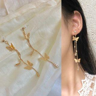 Butterfly Drop Earring 0914a - 1 Pair - Silver Needle - Gold - One Size