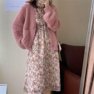 Bell-sleeve Cardigan / Floral Tie-waist Midi Dress