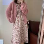 Bell-sleeve Cardigan / Floral Tie-waist Midi Dress