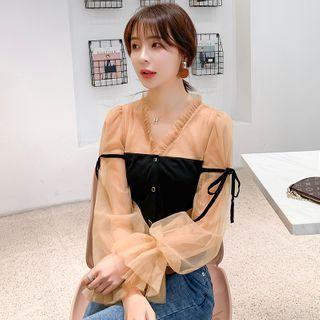 Long-sleeve Buttoned Paneled Mesh Blouse