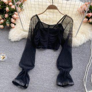 V-neck Dotted Mesh Puff-sleeve Top
