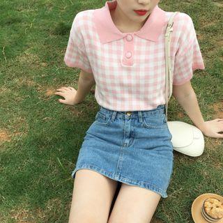 Plaid Polo-neck Short-sleeve Cropped Knit Top