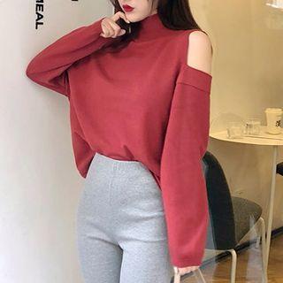 Mock Turtleneck Cold Shoulder Long-sleeve Knit Top