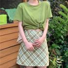 Plain Short Sleeve T-shirt / Plaid Mini Skirt