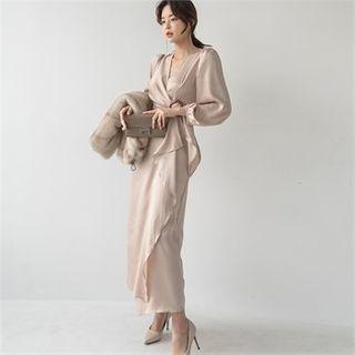 Puff-sleeve Draped Long Wrap Dress Beige - One Size