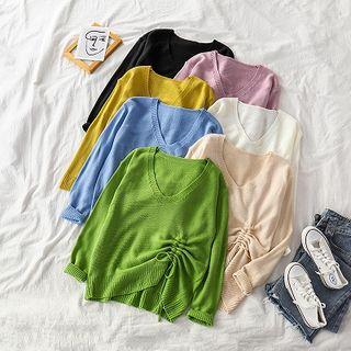 Plain V-neck Drawstring Sweater