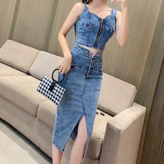 Set: Denim Camisole Top + Midi Denim Pencil Skirt