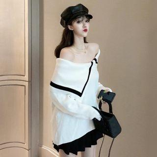 Off-shoulder Large Lapel Long-sleeve Knit Top As Shown In Figure - One Size
