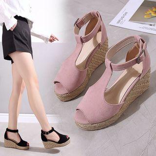 Faux Suede T-strap Espadrille Platform Wedge Sandals