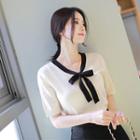 Bow-front Elbow-sleeve Knit Top