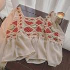 Square-neck Crochet Panel Blouse White & Red - One Size