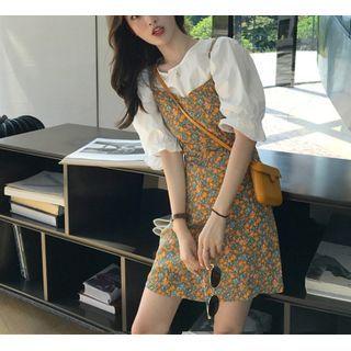 Set: Spaghetti-strap Floral Mini A-line Dress + Elbow-sleeve Blouse