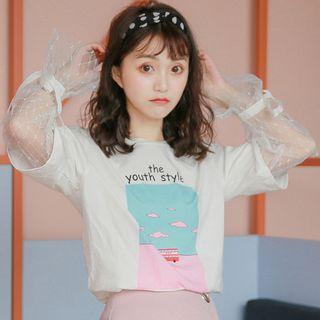 Mock Two-piece Mesh Panel Printed T-shirt White - One Size
