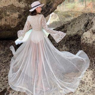 Long-sleeve V-neck Maxi A-line Chiffon Dress