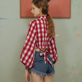 Tie Neck Check Crop Shirt