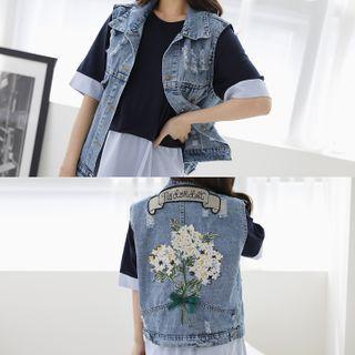 Sleeveless Embroidered Denim Vest Blue - One Size