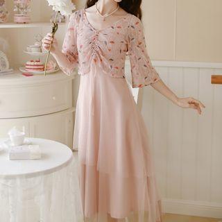 Spaghetti Strap Midi Mesh Dress / Elbow-sleeve Lace Top