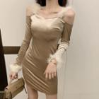 Cold-shoulder Fluffy Trim Velvet Mini Sheath Dress