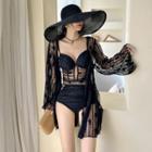 Set: Spaghetti Strap Lace Swimsuit + Cardigan