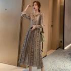 Long-sleeve Floral-pattern Midi A-line Pleated Dress