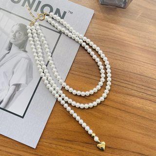 Heart Alloy Faux Pearl Layered Choker White - One Size