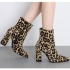 Pointy Toe Leopard Print Block Heel Short Boots
