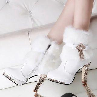 Rhinestone Accent Faux Fur Cuff High Heel Booties