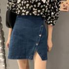 Slit Denim Mini A-line Skirt