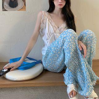 Lace Trim Camisole Top / Floral Wide Leg Pants