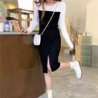 Long-sleeve Two-tone Slit Knit Sheath Dress Black & White - One Size