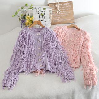 Fringed Round Neck Plain Knit Cardigan