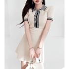 Collared Knitted A-line Dress Beige - One Size