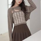 Set: Houndstooth Knit Camisole Top + Asymmetrical Crop Cardigan