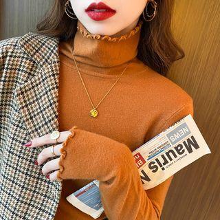 Mock-neck Plain Ruffle Knit Top