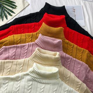 Dip-back Turtleneck Cable-knit Sweater