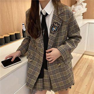 Plain V-neck Loose-fit Long-sleeve Blouse / Plaid V-neck Single-breasted Loose-fit Long-sleeve Blazer