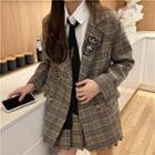 Plain V-neck Loose-fit Long-sleeve Blouse / Plaid V-neck Single-breasted Loose-fit Long-sleeve Blazer