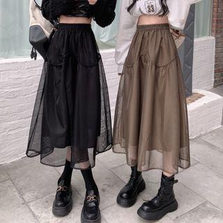 High Waist Midi A-line Mesh Skirt