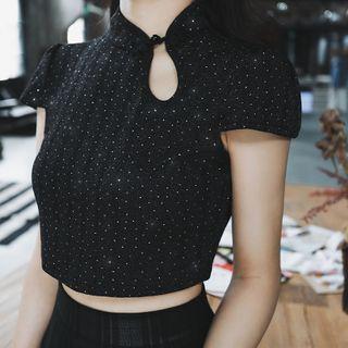 Short-sleeve Cutout Stand Collar Knit Crop Top