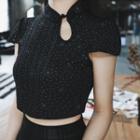 Short-sleeve Cutout Stand Collar Knit Crop Top