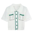 Short-sleeve Collared Embellished Button Up Knit Top White - One Size