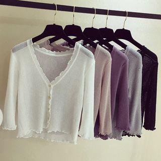 Elbow-sleeve Frill-trim Cardigan