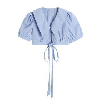 Short-sleeve Crop Shirt Light Blue - One Size
