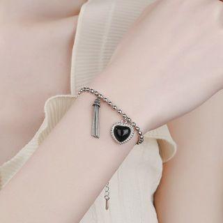 S925 Sterling Silver Bracelet Bracelet - Love Heart - Silver & Black - One Size