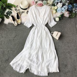 Tassel-hem V-neck Short-sleeve Dress