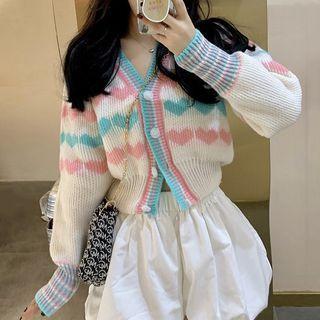 V-neck Heart Print Cropped Cardigan
