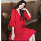 Bell-sleeve Ruffle Trim Midi Dress Red - One Size