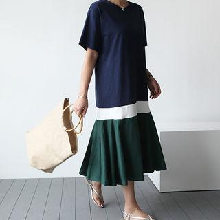 Color-block Ruffle-hem Long Dress