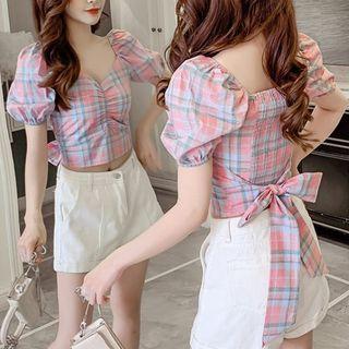 Puff-sleeve Plaid Tie-waist Chiffon Crop Top