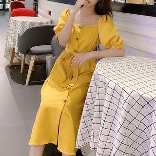 Elbow-sleeve Buttoned Tie-waist A-line Midi Dress